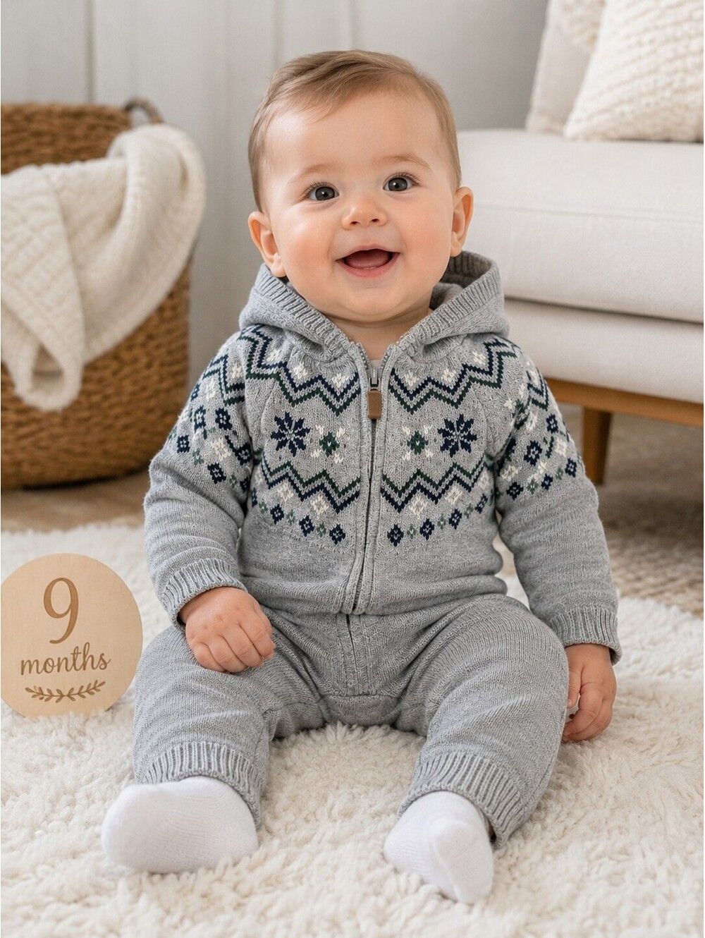 NWT Carter's Fair Isle Knit Hooded Sweater Romper Gray Zip Front NWT 9 Months